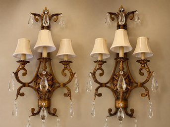 Pair Of Gilded Crystal Prism Three-Light Wall Sconces With Fabric Shades
