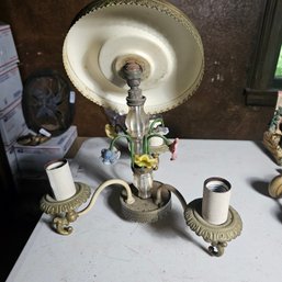 Vintage 2-Light Floral Boudoir Table Lamp, Glass Center Column, Metal Shade, Art Deco Style