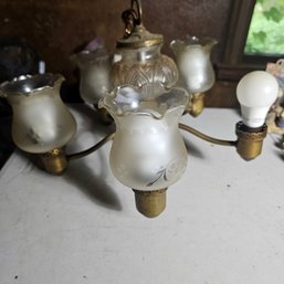 Vintage 5-Light Hanging Chandelier, Frosted Glass Shades, Brass Tone Fixture, 12'H X 18'W