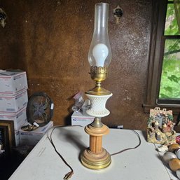 Vintage Hurricane Table Lamp With Hobnail Milk Glass, Brass & Wood Base, 25'H