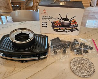 Befano 3-in-1 Raclette Grill With Non-Stick Fondue Pot, Granite Stone Plate & Accessories WORKS