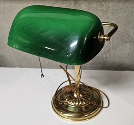 Vintage Banker's Desk Lamp With Green Glass Shade And Brass-Tone Base