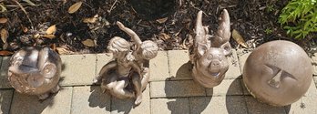 Lot Of 4 Whimsical Garden Statues, Owl, Flying Pig, Children & Face Sculpture