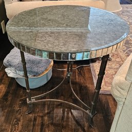 Round Antiqued Mirror Top Accent Table, Mirrored Apron, Metal Base- 28.25'W X 30.5'H