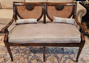 Regency Style Cane Back Settee, Carved Wood, Spiral Turned Legs, Cushions, 45'W X 36'H