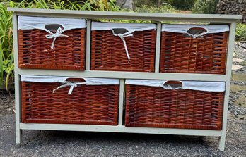 5-Drawer Wicker Basket Storage Chest- Wood Frame, Fabric-Lined Baskets 38'W X 13'D X 24'H