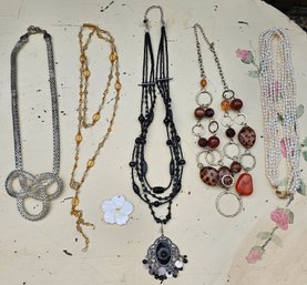 Mixed Statement Necklace Lot- Faux Pearl, Beaded, Silver-Tone, Amber-Tone & Black Jewelry