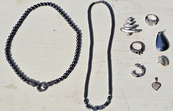 925 Sterling Silver Jewelry Lot- 2 Necklaces, 2 Pendants, Signed BAB Christmas Tree Brooch, 2 Rings & 2 Earrin