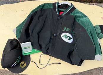 New York Jets NFL Fan Lot- Suede Jacket Size L, New Era 59FIFTY 7 1/8 Cap & WCS Charger