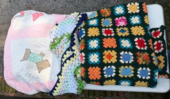 Crocheted Afghans & Applique Quilt Collection- Colorful Crochet Blankets & Dog Patchwork, One Approx. 83' X 68