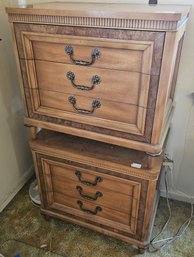 Pair Of NAFM 3-Drawer Nightstands- Burl Wood Accent & Decorative Metal Pulls 24'H X 26'W X 18'D