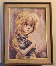 Vintage F. Roberts 'Precious' Big Eye Girl With Cat Framed Print- 27' X 21.5'