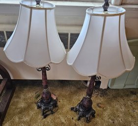 Pair Of Ornate Traditional Table Lamps- Burgundy Embossed Accents, Scrollwork & Fabric Shades- Approx. 33'