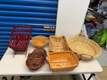 Lot Of 6 Wicker & Woven Baskets - Large Handled Tray, Sleigh Basket & Decorative Storage Baskets