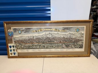 Framed Bologna Italy Panoramic City View Print With Heraldic Crests