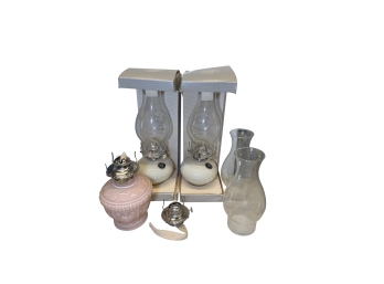 Lot Of 3 Lamplight Farms Oil Lamps - Ceramic & Glass Hurricane Lamps, Chimneys & Burners