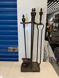 Vintage 3-Piece Wrought Iron Fireplace Tool Set With Stand - Poker, Tongs & Shovel