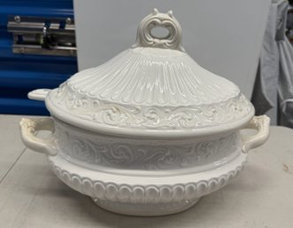 Vintage White Ceramic Soup Tureen With Lid, Ladle & Ornate Handles - Approx. 15'W