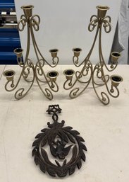 Pair Of Ornate Gold-Tone 5-Light Scroll Candelabras Candle Holders & Cast Iron Bird Trivet