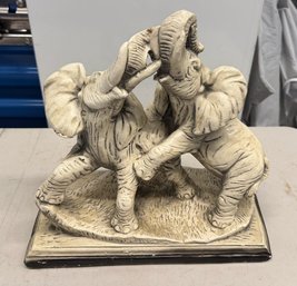 Decorative Pair Of Elephants Figurine Sculpture – Ivory-Tone Fighting Elephants