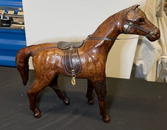 Handcrafted Leather Horse Figurine With Saddle, Bridle & Stirrup Details - 12'H