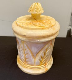 Carved Stone Lidded Canister Jar - Floral Leaf Design, Cream Pink & Amber Tones, 8'H