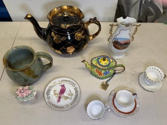 Vintage Tea & Porcelain Collectibles Lot - Arthur Wood, Hand-Painted Teapot, Japan Cups & Souvenirs