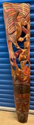 Large Hand-Carved Wood Wall Panel - Animal & Mask Relief Sculpture, Approx. 62'H X 14'W