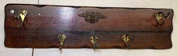 Vintage Wood Wall-Mount Coat Hat Rack With 5 Brass-Tone Double Hooks & Eagle Accent - 20.5'W