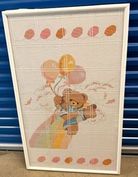 Vintage Framed Teddy Bear Needlepoint Textile Wall Art - Balloons & Rainbow, 43'H X 27'W