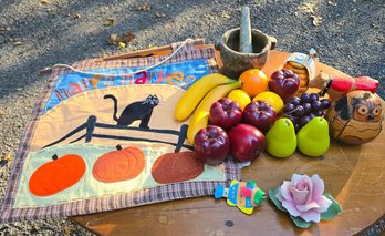 Capodimonte Global Art Italy Rose, Mortar & Pestle, Wooden Owl, Honey Pot, Faux Fruit & Harvest Decor Lot