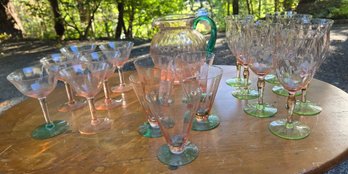 Vintage Pink & Green Glassware Collection Pitcher Goblets Cocktail Glasses Etched Stemware