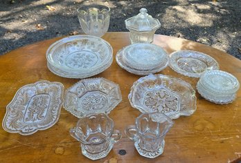 Clear Patterned Glass Collection – Plates, Serving Tray, Lidded Jar, Goblet, Creamer & Sugar Bowl