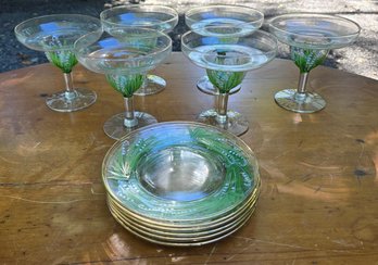 Lily Of The Valley Floral Glassware Set – 6 Stemmed Coupe Glasses & Matching Gold-Rimmed Plates