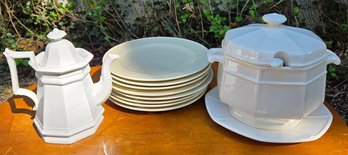 Vintage White Dinnerware Lot, W. Adams & Sons Teapot, Crate & Barrel B. Eigen Plates, Tuscany Japan Tureen & S