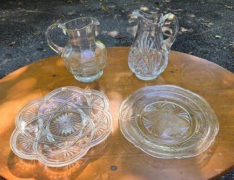 Vintage Cut Glass & Pressed Glass Serving Lot- 2 Pitchers & 2 Decorative Servings Platters