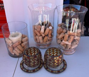 Lot Of 5 Decorative Glass Vases & Mosaic Candle Holders - Wine Cork Displays, Amber & Gold Home Decor