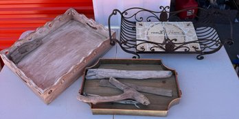 Lot Of 3 Decorative Serving Trays - Rustic Wood, Galvanized Metal, Wrought Iron & Paris Eiffel Tower Design