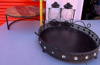Lot Of 4 Home Decor Pieces - Yankee Candle Lanterns, Ornate Metal Serving Tray & Wood Display Riser