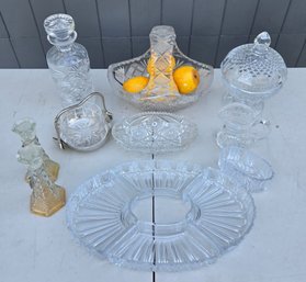 Vintage Cut Glass & Crystal Lot- Mary Jurek Stainless Steel Ice Bucket, Shabbat Candlesticks & Decanter