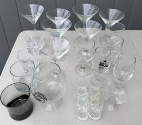 Assorted Cocktail Glassware Lot- Martini Glasses, Wine Goblets, Brandy Snifter, Tumblers & Shot Glasses