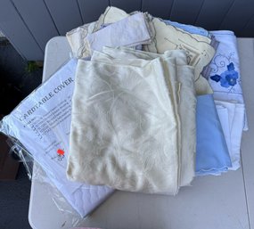Vintage Table Linens Lot- Embroidered Floral Tablecloths, Napkins, Scalloped Edges & Damask Fabric