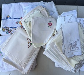 Vintage Embroidered Table Linens & Napkins Lot- Floral Cross Stitch, Cutwork, Scalloped Edges & Tablecloths