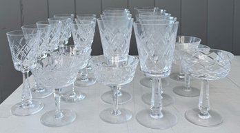 Collection Of Cut Crystal Stemware- Diamond Pattern Wine Glasses, Champagne Coupes & Goblets