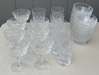 Vintage Cut Crystal Glassware Collection- Champagne Coupes, Diamond Cut Tumblers & Dessert Bowls