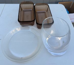 Vintage Pyrex Fireside Glass Bakeware Lot- (2) Amber 213 Loaf Pans 1.5L, Clear 209 Pie Dish 23cm & Bowl