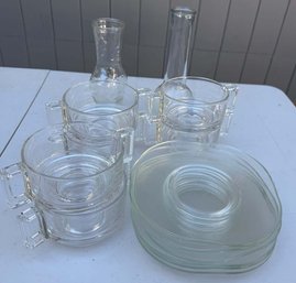 Vintage Good Seasons Salad Dressing Carafe & Assorted Clear Glassware Lot- Cups, Saucers & Vases