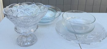 Vintage Clear Glass Serving Bowl Lot- Cut Glass Pedestal Compote, Floral Platter & Mixing Bowls