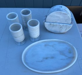 White & Gray Marble Tableware Lot- 4 Pedestal Cups, Oval Serving Tray & Coaster Set With Holder