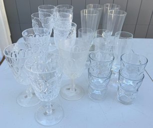 Vintage Mixed Glassware Lot- Grape Pattern Wine Goblets, Decorative Water Glasses, Champagne Flutes & Tumblers